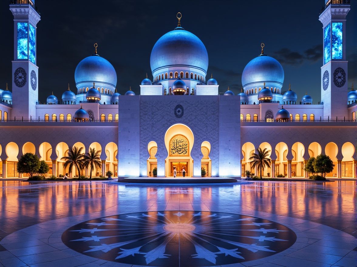 Prompt: Ethereal mosque, iridescent domes, gleaming minarets, holographic stained glass windows, luminescent archways, futuristic Islamic architecture, sleek metallic surfaces, neon-lit calligraphy, intricate geometric patterns, sacred geometry motifs, ambient misting systems, soft warm lighting, shallow depth of field, 3/4 composition, panoramic view, realistic textures, ambient occlusion.