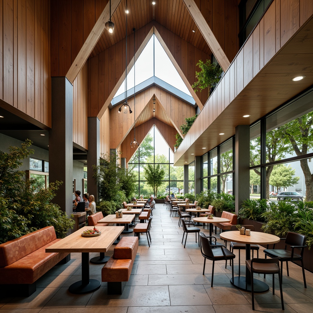 Prompt: Fragmented dining hall, modern architecture, angular lines, minimalist design, open floor plan, communal seating, wooden tables, metal chairs, pendant lighting, natural stone flooring, green walls, living plants, warm color scheme, cozy atmosphere, soft background music, shallow depth of field, 1/1 composition, realistic textures, ambient occlusion.