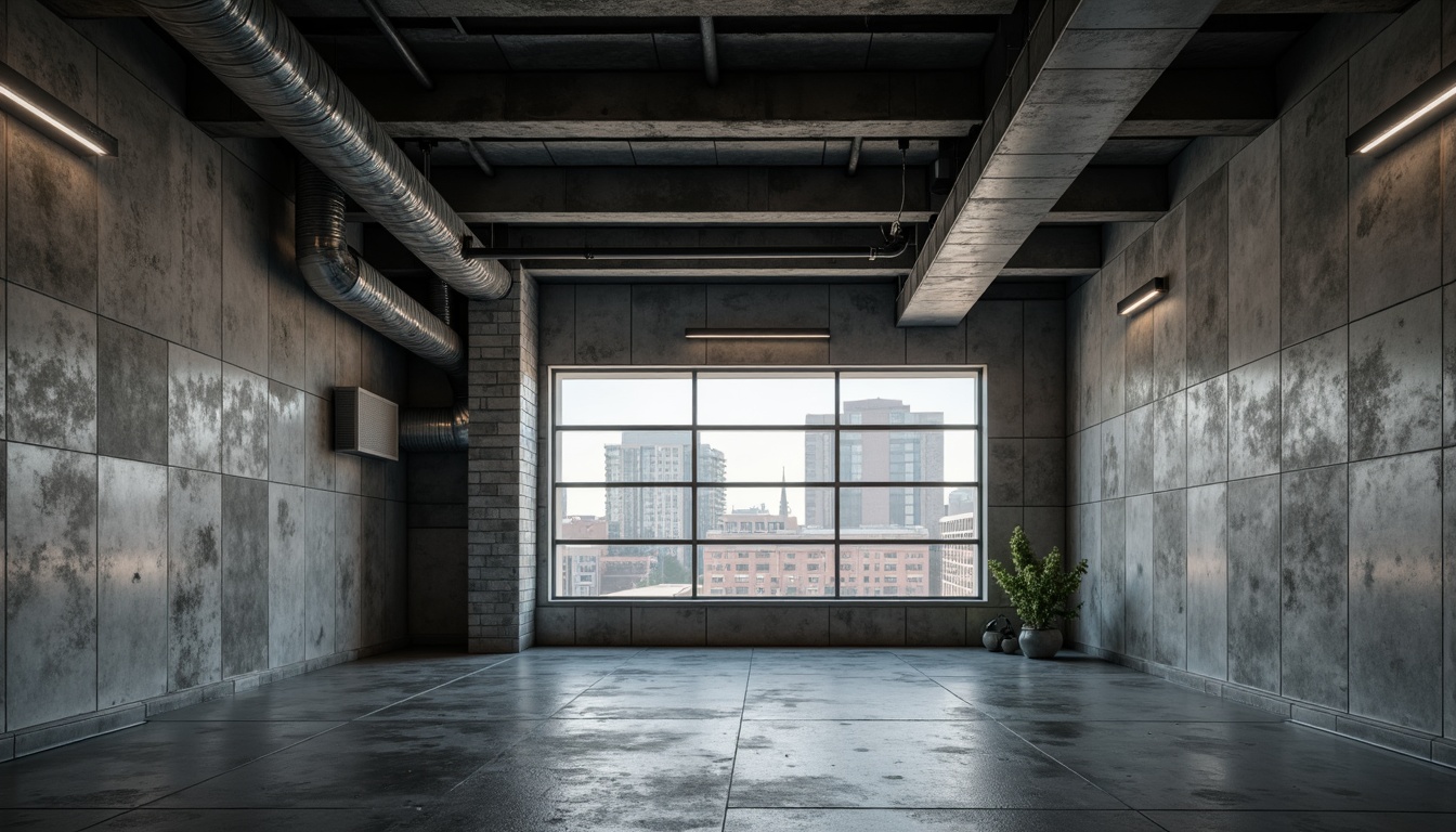 Prompt: Industrial concrete walls, exposed ductwork, metallic beams, urban cityscape, modern brutalist architecture, raw unfinished surfaces, monochromatic color palette, dramatic shadows, high-contrast lighting, abstract geometric patterns, rough tactile textures, poured concrete floors, minimalist decor, functional simplicity, utilitarian aesthetic, cold atmospheric ambiance, cinematic composition, low-angle shot, gritty realistic rendering.