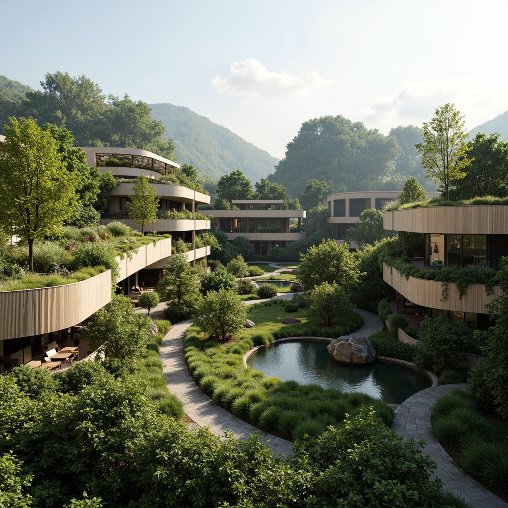 Prompt: Eco-friendly buildings, lush green roofs, solar panels, wind turbines, rainwater harvesting systems, natural ventilation, recycled materials, bamboo facades, living walls, organic shapes, curved lines, earthy tones, serene atmosphere, soft natural lighting, shallow depth of field, 3/4 composition, panoramic view, realistic textures, ambient occlusion.