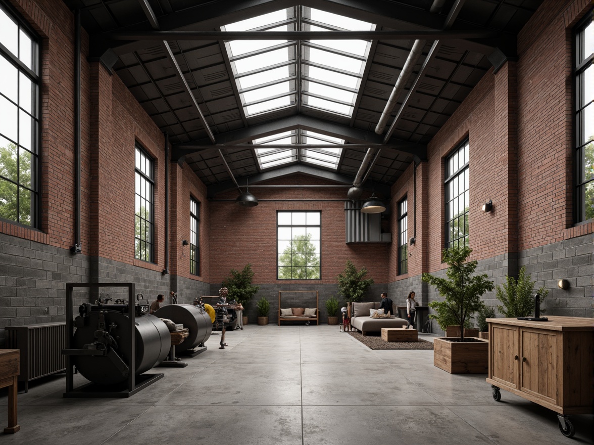 Prompt: Industrial factory setting, exposed brick walls, metal beams, concrete floors, minimalist decor, functional machinery, textured surfaces, distressed wood accents, industrial lighting fixtures, urban atmosphere, cloudy day, soft diffused lighting, shallow depth of field, 1/1 composition, realistic materials, ambient occlusion.