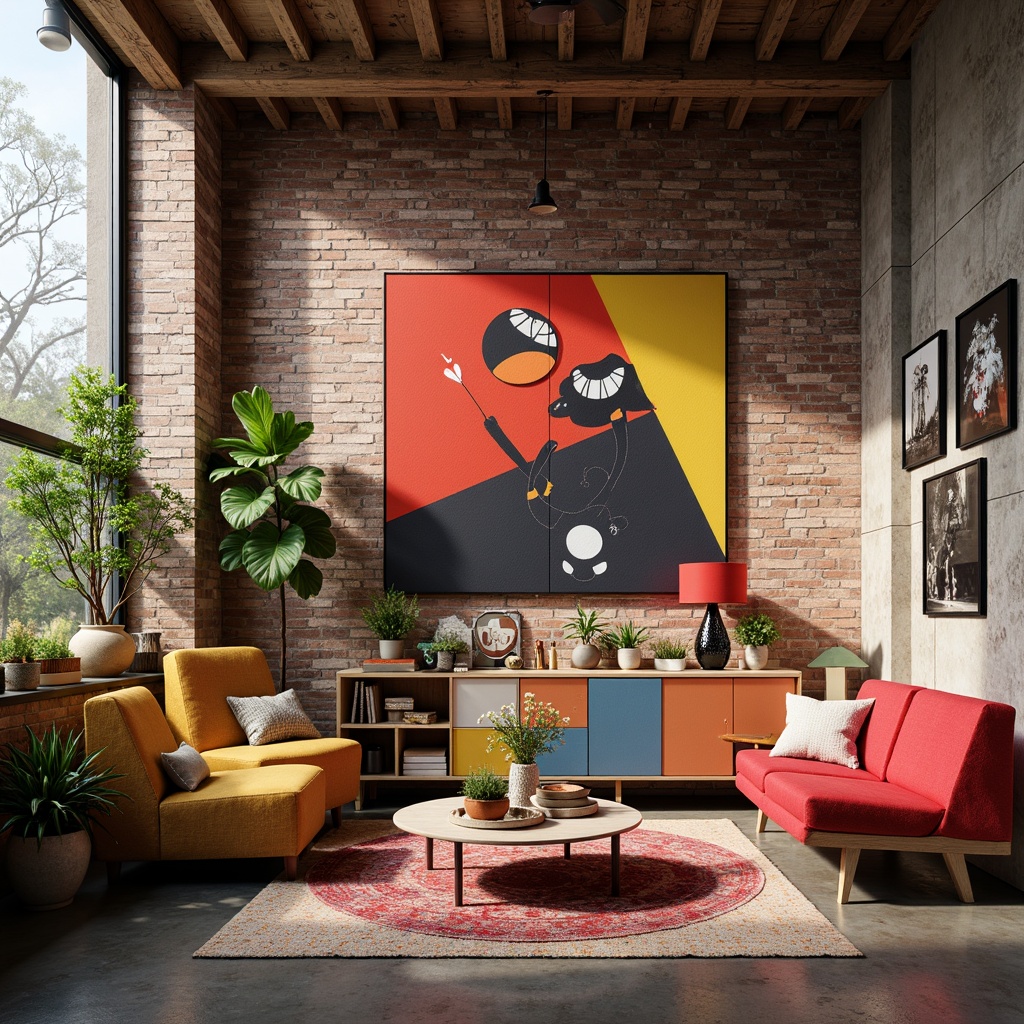 Prompt: Vibrant artistic studio, eclectic furniture, abstract artwork, bold color blocking, contrasting textures, modern industrial architecture, exposed brick walls, polished concrete floors, reclaimed wood accents, natural light pouring in, soft warm glow, 1/1 composition, shallow depth of field, realistic renderings, ambient occlusion.