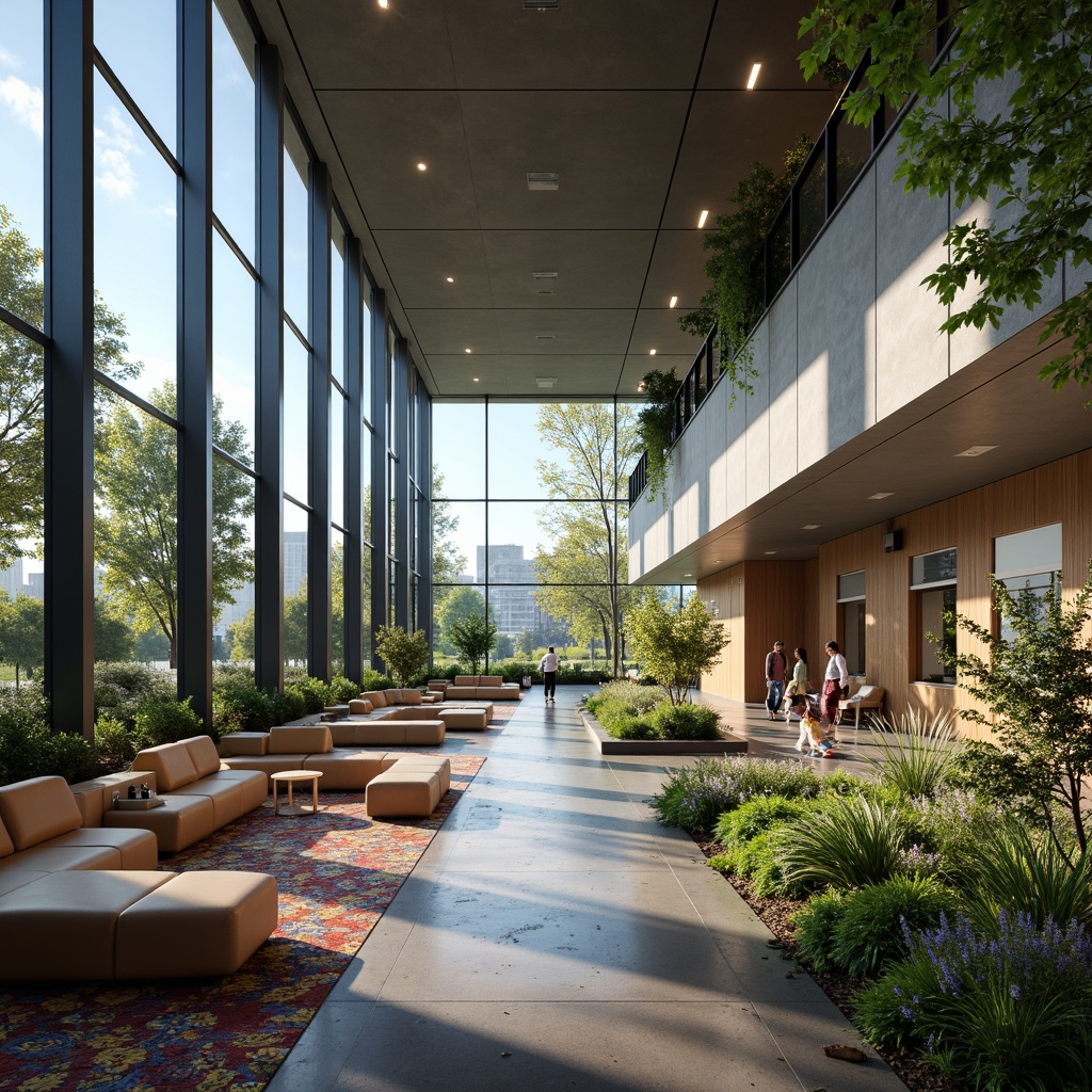 Prompt: Modern visitor center interior, sleek glass walls, polished concrete floors, minimalist decor, interactive exhibits, digital displays, comfortable seating areas, natural wood accents, abundant greenery, floor-to-ceiling windows, panoramic views, soft warm lighting, shallow depth of field, 3/4 composition, realistic textures, ambient occlusion, futuristic architecture design, innovative materials, sustainable energy solutions, eco-friendly furniture, vibrant colorful textiles, intricate geometric motifs.