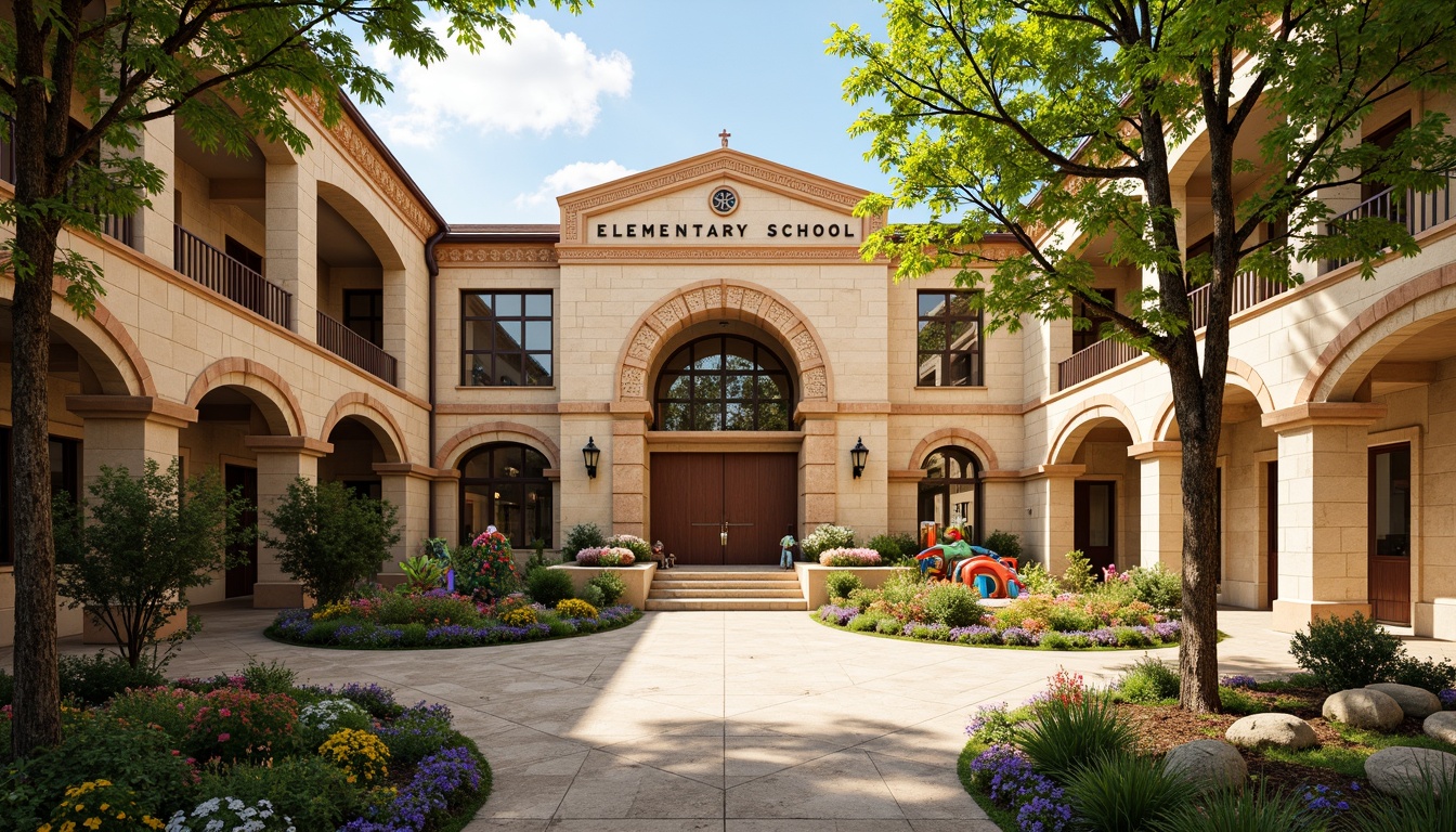 Prompt: Rustic elementary school building, Romanesque arches, warm beige stone walls, ornate carvings, grand entrance, heavy wooden doors, vibrant greenery, blooming flowers, playful playground equipment, colorful murals, educational signage, natural stone walkways, curved staircases, high ceilings, large windows, soft warm lighting, shallow depth of field, 3/4 composition, panoramic view, realistic textures, ambient occlusion.