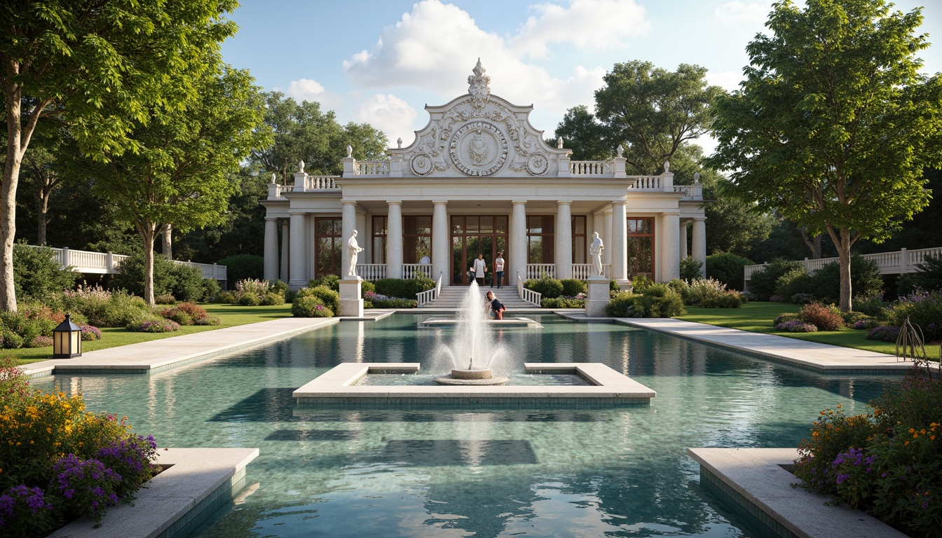 Prompt: Grand neoclassical pool, ornate stone carvings, symmetrical fountain features, lush greenery, vibrant flowers, manicured lawns, decorative statues, elegant lanterns, natural stone pathways, serene water reflections, warm sunny day, soft diffused lighting, shallow depth of field, 3/4 composition, panoramic view, realistic textures, ambient occlusion.