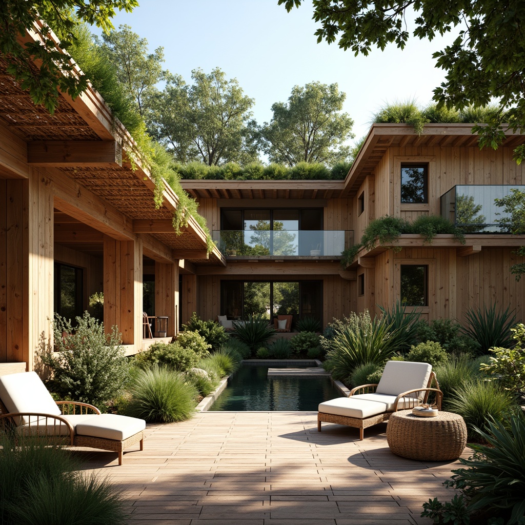 Prompt: Rustic wooden accents, reclaimed timber, natural stone walls, earthy color palette, organic textures, bamboo flooring, woven rattan furniture, living green roofs, lush vegetation, serene water features, minimalist decor, warm ambient lighting, soft shadows, 1/1 composition, realistic renderings, subtle depth of field.