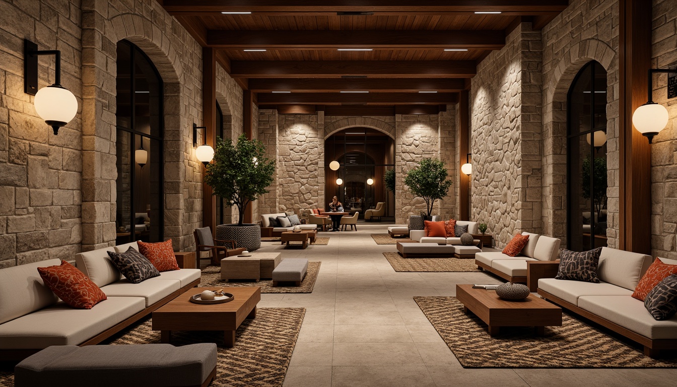 Prompt: Richly textured stone walls, warm wooden accents, soft plush carpets, metallic sheen, glassy reflections, natural fiber rugs, tactile concrete surfaces, intricate mosaic patterns, ambient lighting, cozy nooks, inviting seating areas, luxurious fabrics, earthy tones, organic shapes, serene atmosphere, shallow depth of field, 3/4 composition, realistic renderings.