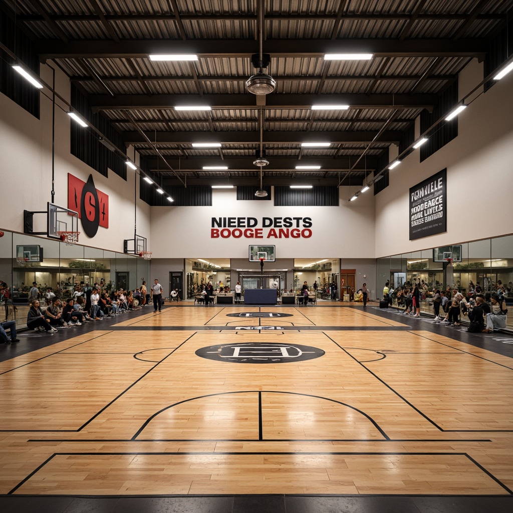 Prompt: Modern gymnasium interior, high ceilings, polished wooden floors, mirrored walls, professional sports equipment, basketball hoops, volleyball nets, exercise machines, free weights, yoga mats, motivational quotes, natural light, soft warm lighting, shallow depth of field, 3/4 composition, panoramic view, realistic textures, ambient occlusion, athletic color scheme, bold typography, dynamic shapes, functional layout, efficient circulation paths, comfortable seating areas, inspirational artwork.