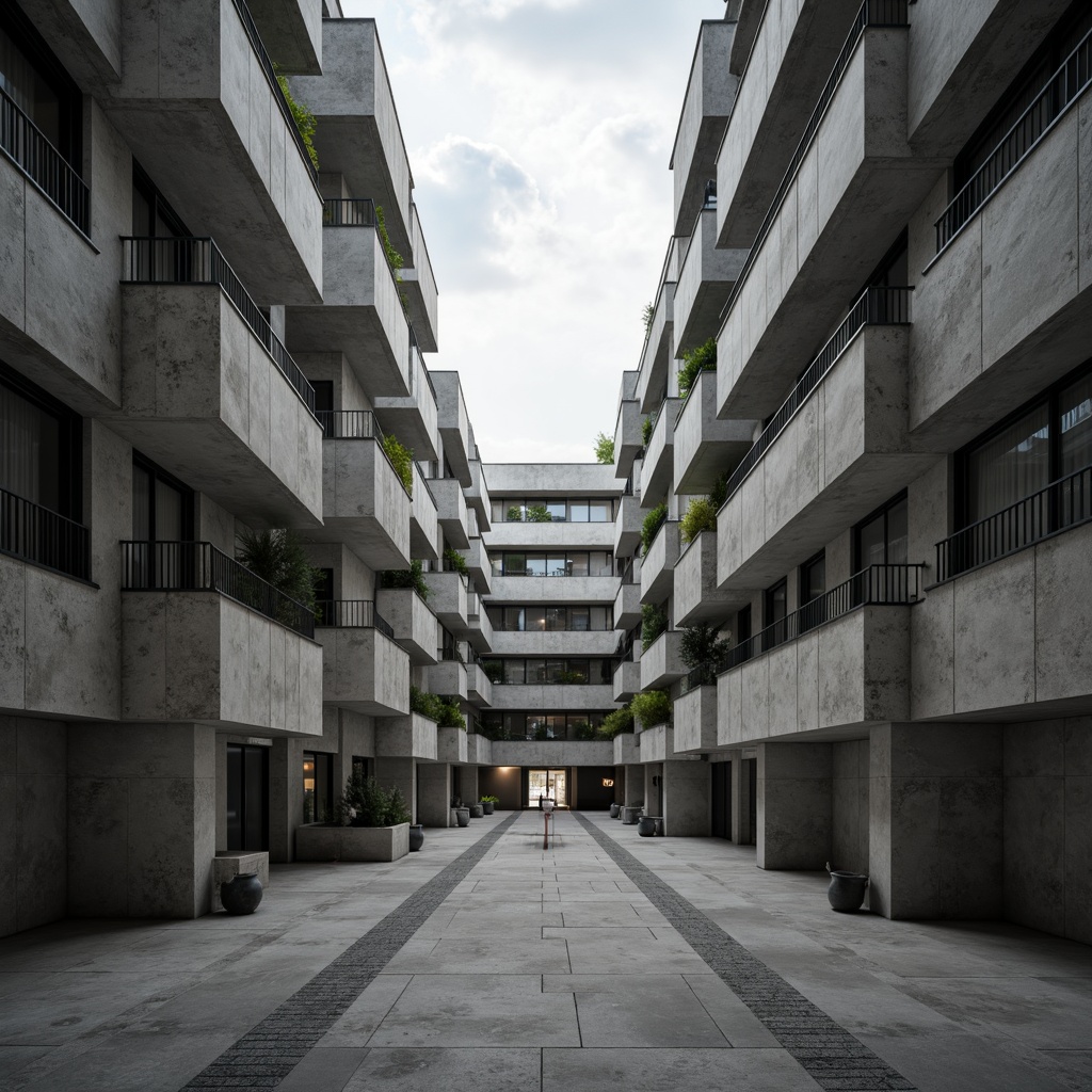 Prompt: Geometric buildings, brutalist architecture, raw concrete textures, industrial materials, minimalist decor, open floor plans, functional spaces, modular structures, repetitive patterns, symmetrical compositions, abstract art pieces, monochromatic color schemes, dramatic lighting effects, high contrast shadows, 1/1 composition, low-angle shots, cinematic atmosphere, futuristic ambiance.