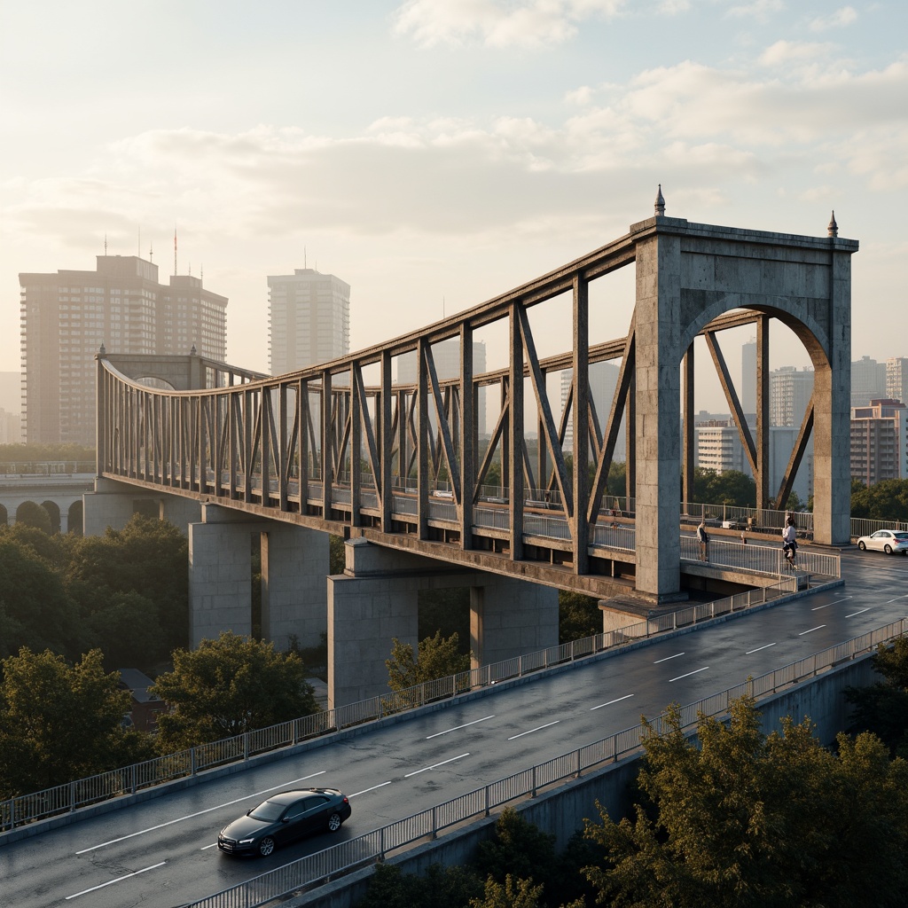 Prompt: Rustic vehicular bridge, steel arches, suspension cables, concrete piers, asphalt roadways, metallic railings, modern infrastructure design, urban cityscape, misty morning atmosphere, soft warm lighting, shallow depth of field, 3/4 composition, panoramic view, realistic textures, ambient occlusion.