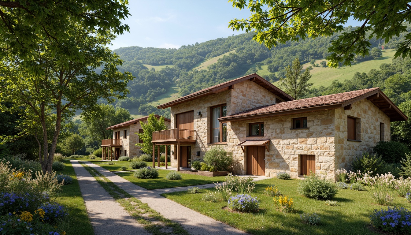 Prompt: Rustic rural cottage, natural stone walls, wooden shutters, earthy color palette, pitched roof, overhanging eaves, lush greenery, blooming wildflowers, winding country roads, serene countryside, warm sunny day, soft diffused lighting, shallow depth of field, 1/2 composition, intimate framing, realistic textures, ambient occlusion.