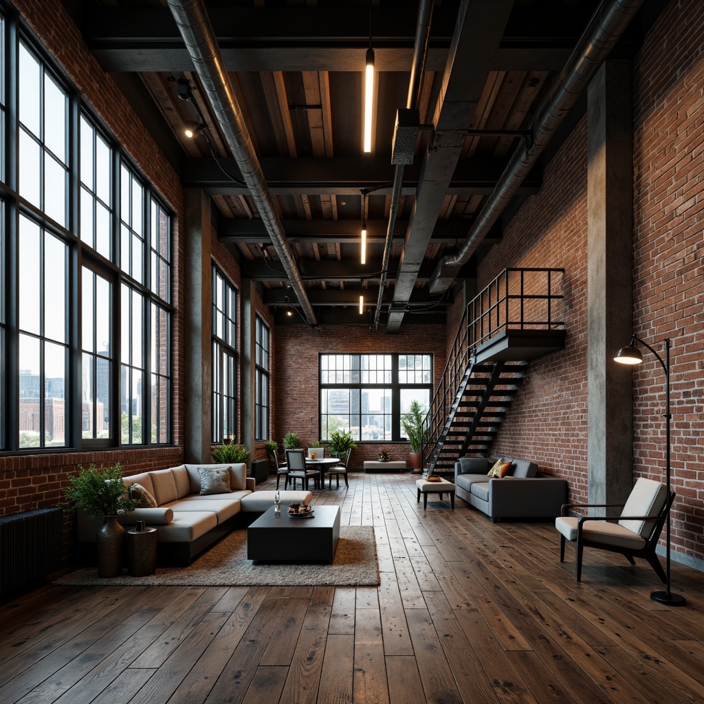 Prompt: Exposed brick walls, metal beams, industrial pipes, reclaimed wood floors, high ceilings, minimalist decor, modern LED lighting, sleek steel furniture, urban cityscape views, concrete columns, functional catwalks, metallic staircases, distressed finishes, edgy textures, moody color palette, dramatic shadows, cinematic lighting, 3/4 composition, low-angle shot, gritty realistic render.