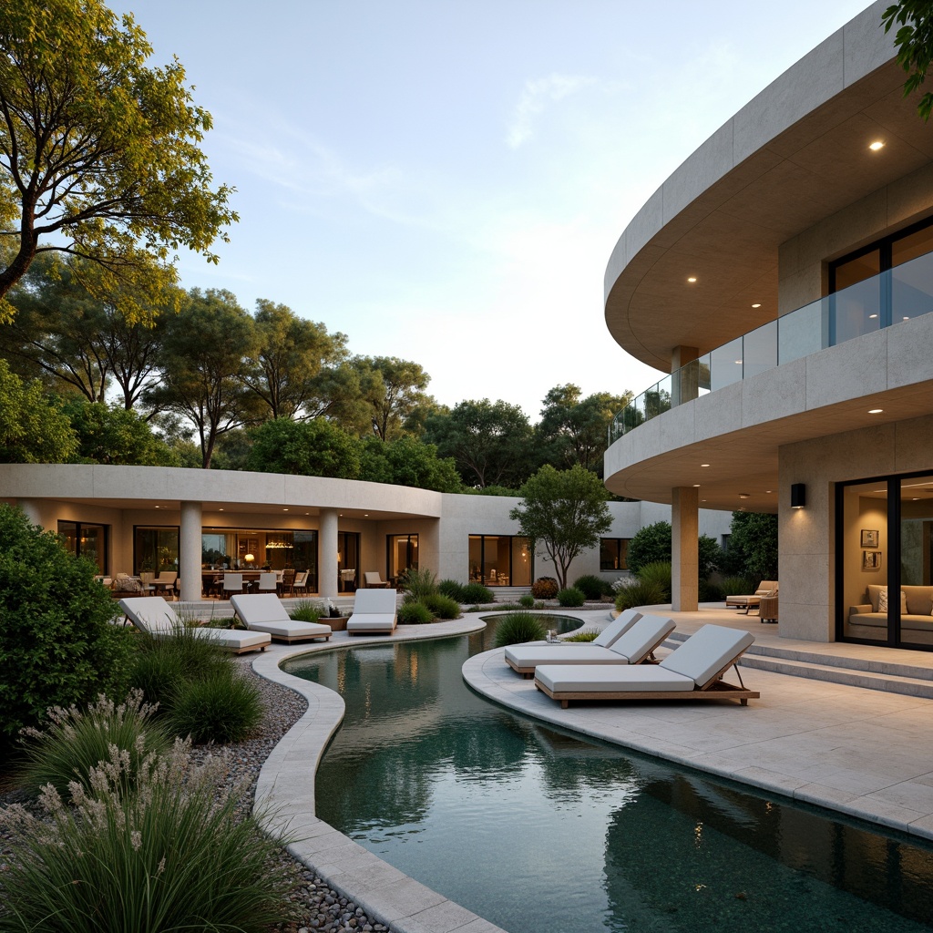 Prompt: Lush greenery, curved lines, minimalist villa, modernist architecture, sleek stone walls, large windows, sliding glass doors, infinity pool, sunken seating area, outdoor fireplace, ambient lighting, warm beige tones, natural textures, Mediterranean plants, olive trees, succulents, gravel pathways, wooden decks, cantilevered roofs, panoramic views, shallow depth of field, 3/4 composition, realistic rendering.