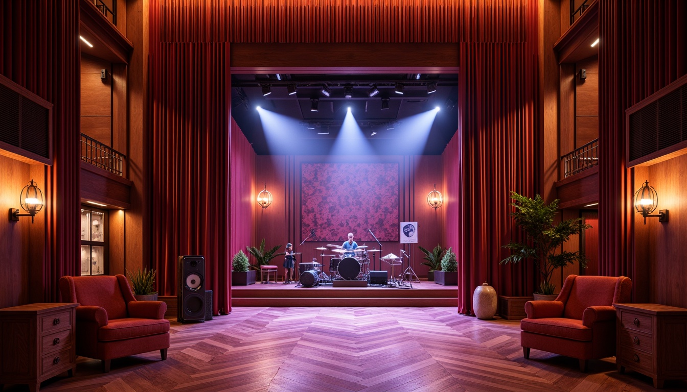 Prompt: Vibrant music venue, polished wooden floors, luxurious velvet curtains, metallic accents, glossy finish, spotlights, stage lighting, soundproofing materials, acoustic panels, rich wood tones, plush seating areas, intimate atmosphere, warm color palette, softbox lighting, 3/4 composition, shallow depth of field, realistic textures, ambient occlusion.