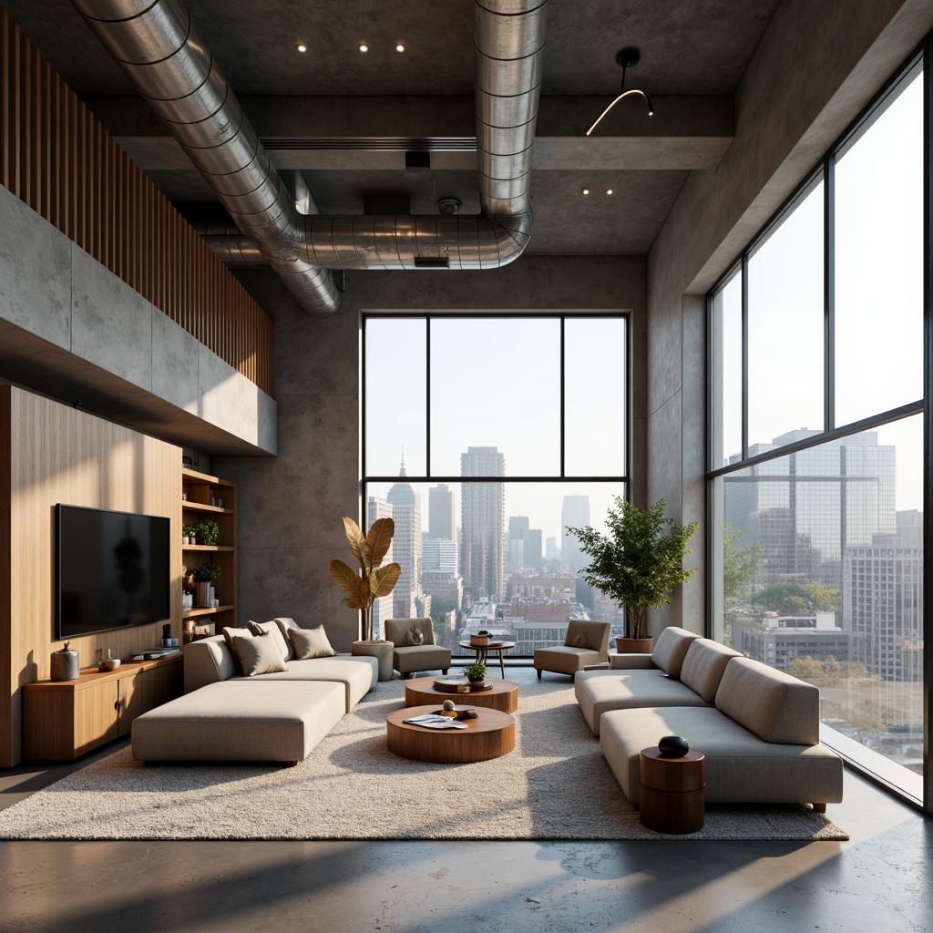 Prompt: Modern minimalist living room, sleek low-profile furniture, neutral color palette, textured rugs, floor-to-ceiling windows, natural light pouring in, urban cityscape views, industrial-chic exposed ductwork, polished concrete floors, geometric-shaped coffee tables, plush sectional sofas, ambient warm lighting, 1/1 composition, shallow depth of field, realistic reflections, cozy reading nooks, built-in shelving units, hidden storage compartments, smart home automation systems.