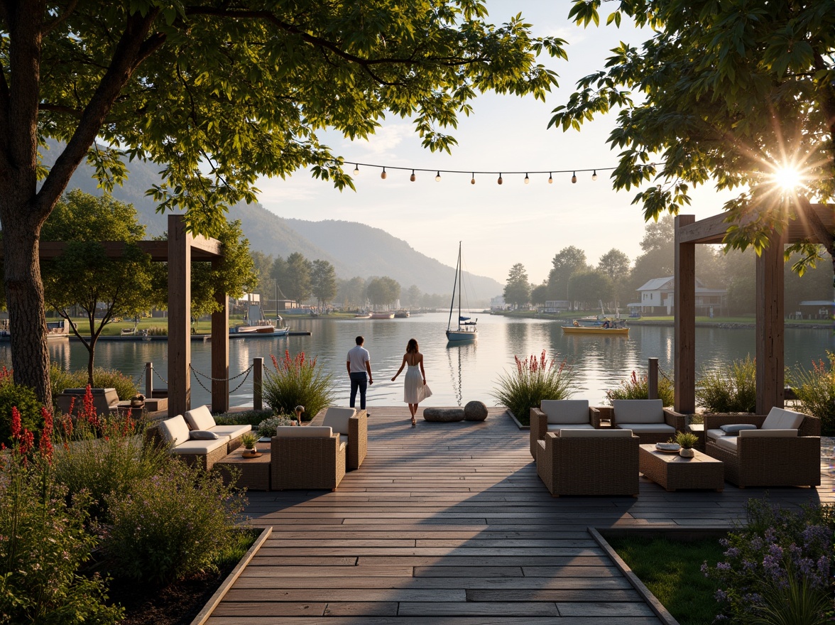 Prompt: Serene waterfront, rustic wooden dock, lush greenery, vibrant flowers, tranquil lake views, sailboats, kayaks, paddleboards, nautical ropes, weathered wood accents, natural stone pathways, lantern-style lighting, warm sunset glow, shallow depth of field, 3/4 composition, panoramic view, realistic textures, ambient occlusion, cozy outdoor seating areas, woven wicker furniture, plush cushions, soft warm lighting, misty morning atmosphere.