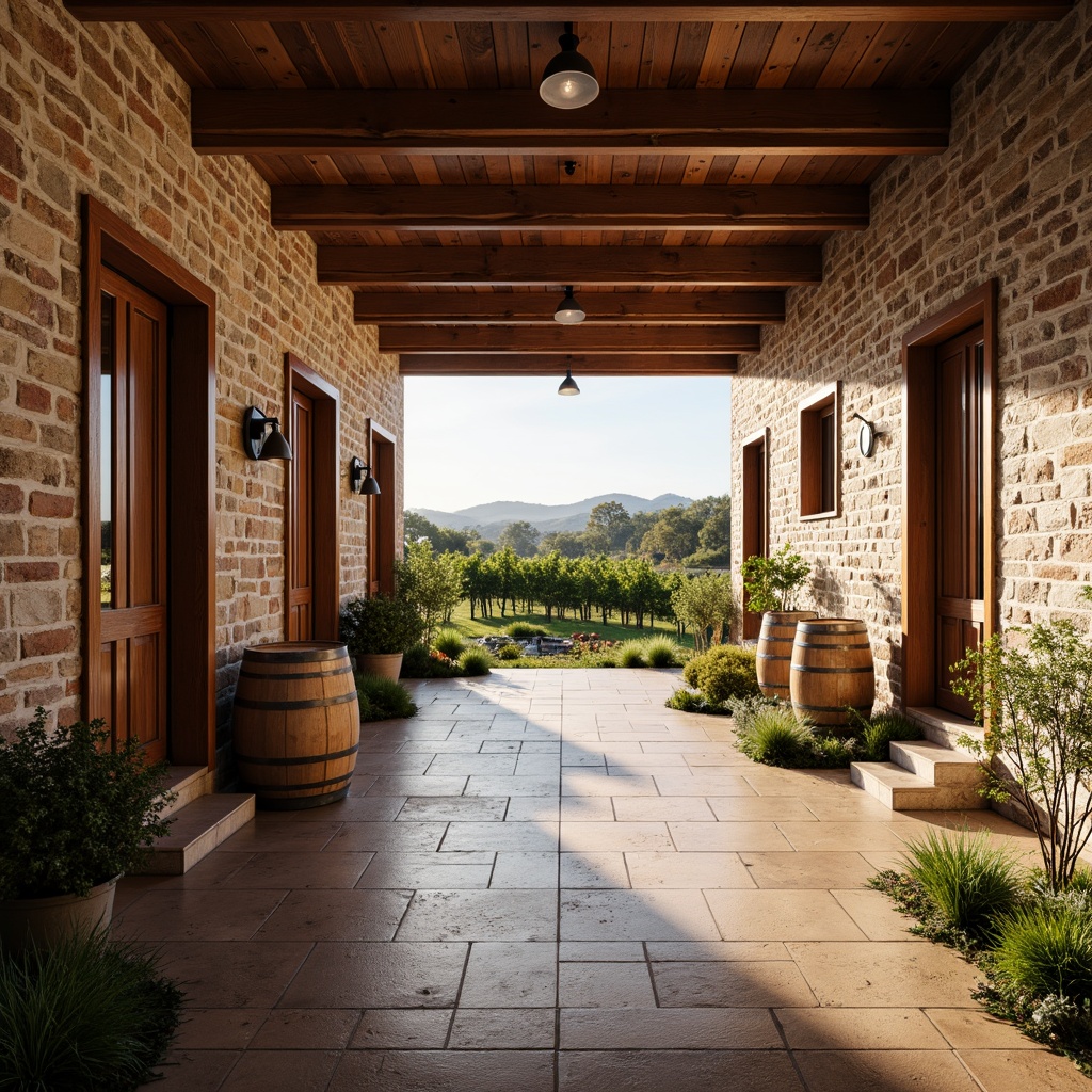 Prompt: Rustic winery social housing, earthy tone brick facades, wooden accents, natural stone walls, reclaimed wood flooring, exposed beam ceilings, industrial metal doors, vintage wine barrels, lush green vines, rolling hills, sunny afternoon, warm soft lighting, shallow depth of field, 3/4 composition, panoramic view, realistic textures, ambient occlusion.