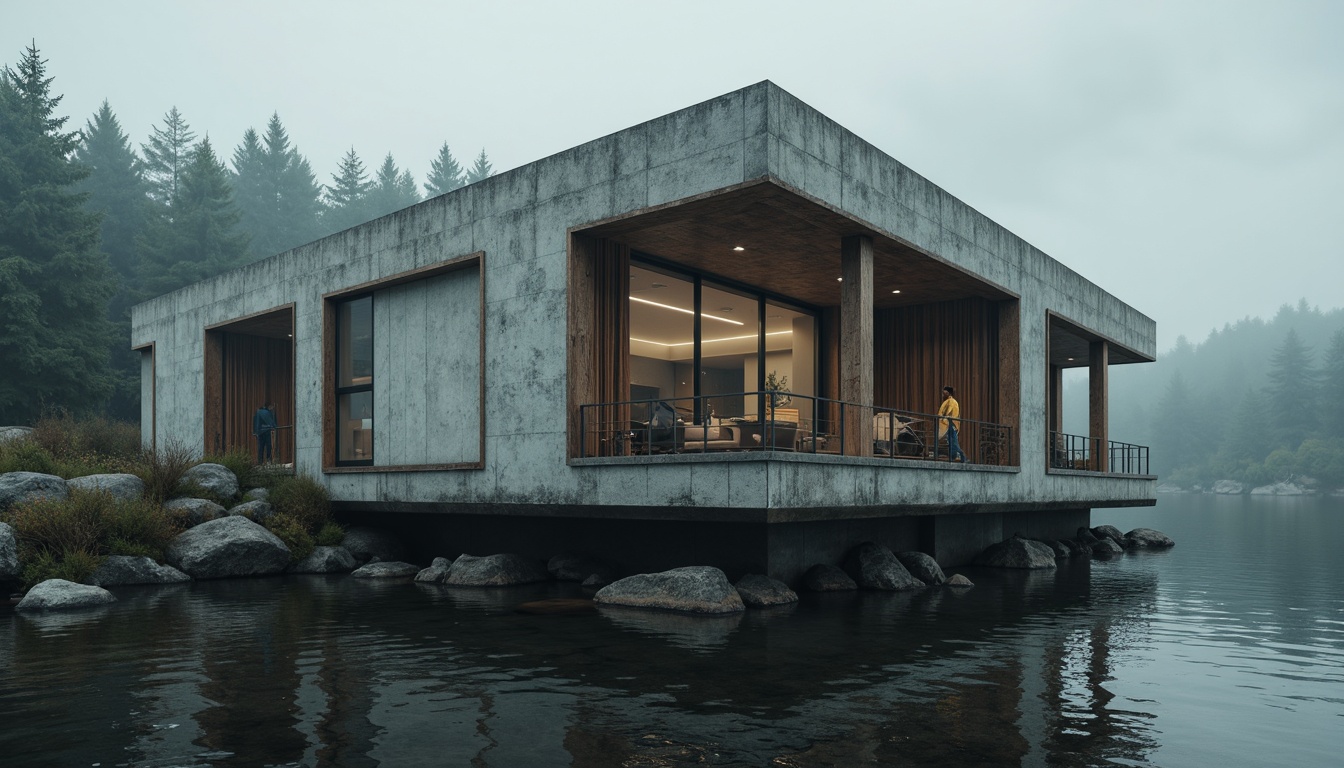 Prompt: Rugged boathouse, brutalist facade, raw concrete walls, weathered wooden accents, industrial metal frames, oversized windows, minimalist decor, nautical ropes, distressed wood textures, rusty metal details, dramatic shadows, low-key lighting, cinematic composition, atmospheric mist, mysterious lake surroundings, dense forest backdrop, overcast sky, subtle color palette, rough-hewn stone foundations.