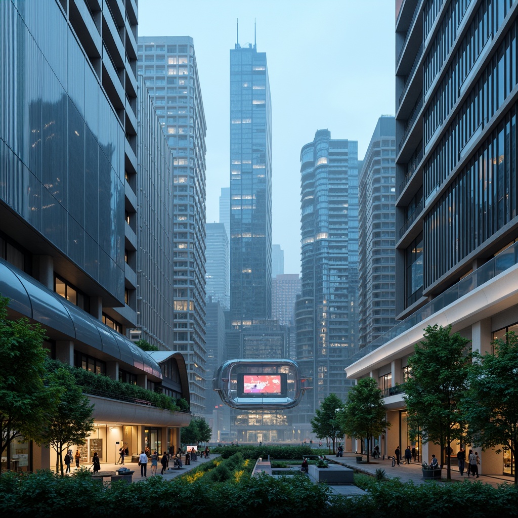 Prompt: Futuristic cityscape, neon-lit skyscrapers, holographic advertisements, levitating transportation pods, curved metallic buildings, iridescent glass facades, angular rooftops, verdant green walls, hydroponic gardens, misty atmospheric effects, soft blue ambient lighting, shallow depth of field, 1/1 composition, panoramic view, realistic reflections, ambient occlusion, sleek modern furniture, minimalist decor, futuristic gadgets, virtual reality interfaces, augmented reality displays.