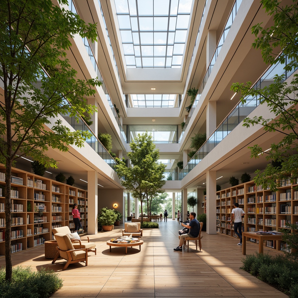 Prompt: Spacious library interior, abundant natural light, floor-to-ceiling windows, minimalist shelving, wooden floors, comfortable reading nooks, cozy study areas, soft warm lighting, indirect sunlight, clerestory windows, skylights, open atriums, green roofs, lush vegetation, serene atmosphere, modern architecture, sustainable design, eco-friendly materials, energy-efficient systems, calm color palette, subtle textures, shallow depth of field, 1/1 composition, realistic rendering.