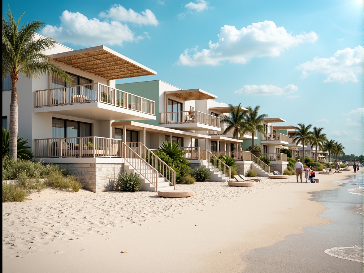 Prompt: Sandy beachside, oceanfront villas, pastel-colored facades, driftwood accents, sea-salt weathered roofs, nautical-themed decorations, calming turquoise hues, soft peach tones, creamy whites, warm beige textures, natural stone foundations, rustic wooden decks, sailboat-inspired railings, seaside promenades, gentle ocean breezes, warm sunny days, shallow depth of field, 1/1 composition, realistic renderings, ambient occlusion.