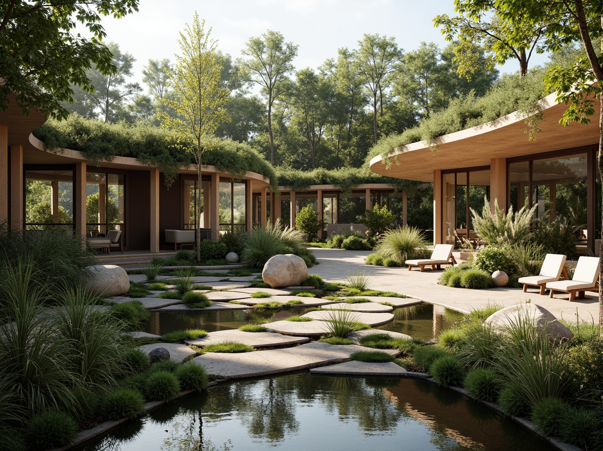 Prompt: Seamless landscape integration, organic architecture, curved lines, natural stone walls, green roofs, lush vegetation, native plants, meandering pathways, serene water features, reflecting pools, wooden decks, cantilevered structures, minimalist design, earthy tones, warm lighting, soft focus, shallow depth of field, 2/3 composition, atmospheric perspective, realistic textures, ambient occlusion.