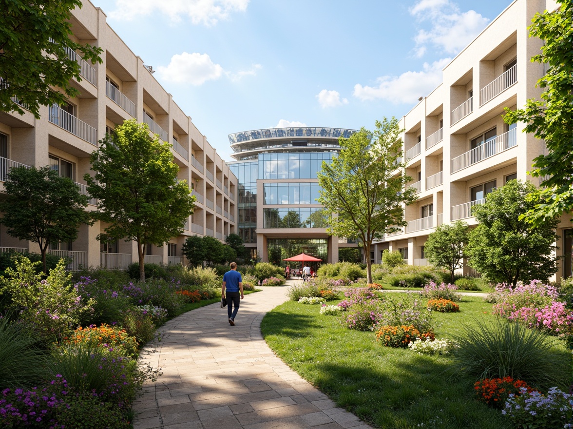 Prompt: Vibrant campus landscape, lush greenery, meandering walkways, natural stone paths, modern educational buildings, sleek glass facades, angular lines, minimalist design, sustainable energy solutions, solar panels, water conservation systems, green roofs, eco-friendly materials, innovative cooling technologies, shaded outdoor spaces, misting systems, vibrant colorful textiles, intricate geometric motifs, serene atmosphere, soft warm lighting, shallow depth of field, 3/4 composition, panoramic view, realistic textures, ambient occlusion.