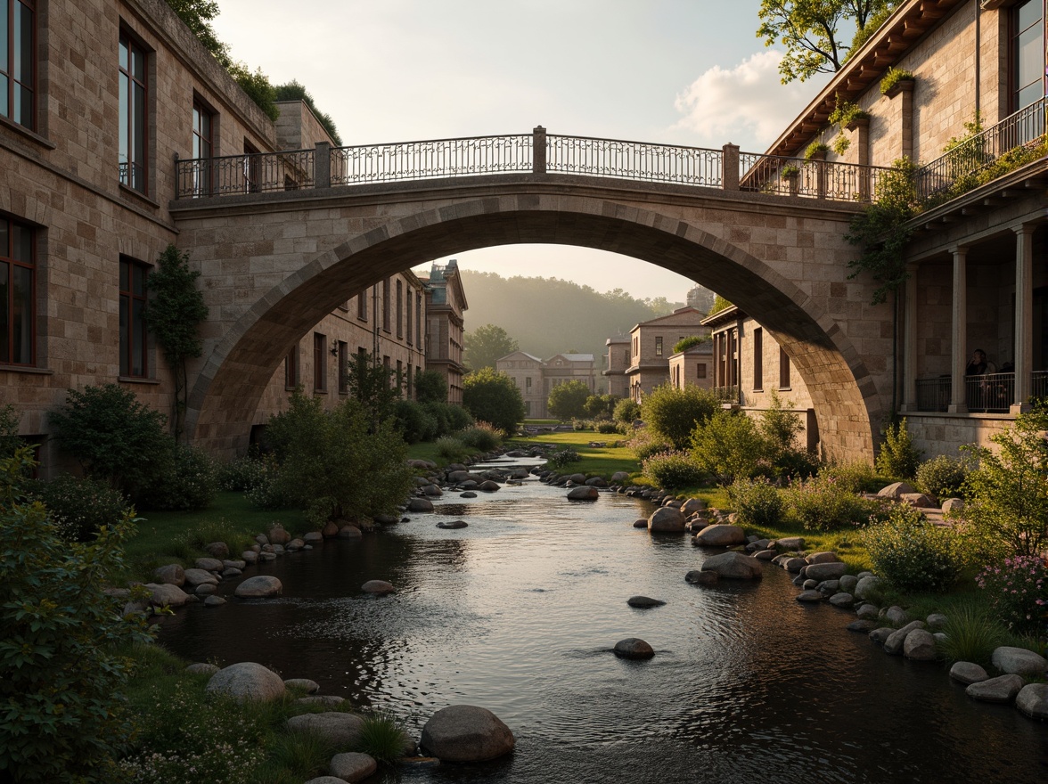 Prompt: Timeless bridge architecture, rustic stone walls, ornate metal railings, weathered wooden accents, earthy brown tones, muted greenery, soft misty atmosphere, warm golden lighting, subtle gradient effects, realistic textures, ambient occlusion, 1/1 composition, symmetrical framing, serene water reflections, gentle river flow, lush vegetation, natural stone piers, classic ornamental details, elegant arches, refined lines, sophisticated simplicity.