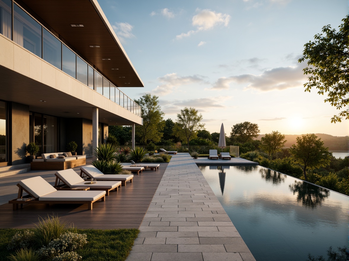 Prompt: Luxurious villa, modernist architecture, sleek lines, minimalist decor, expansive outdoor spaces, lush greenery, tropical plants, infinity pool, sun loungers, wooden decking, natural stone paving, ambient lighting, warm sunset, shallow depth of field, 3/4 composition, panoramic view, realistic textures, soft focus, serene atmosphere.