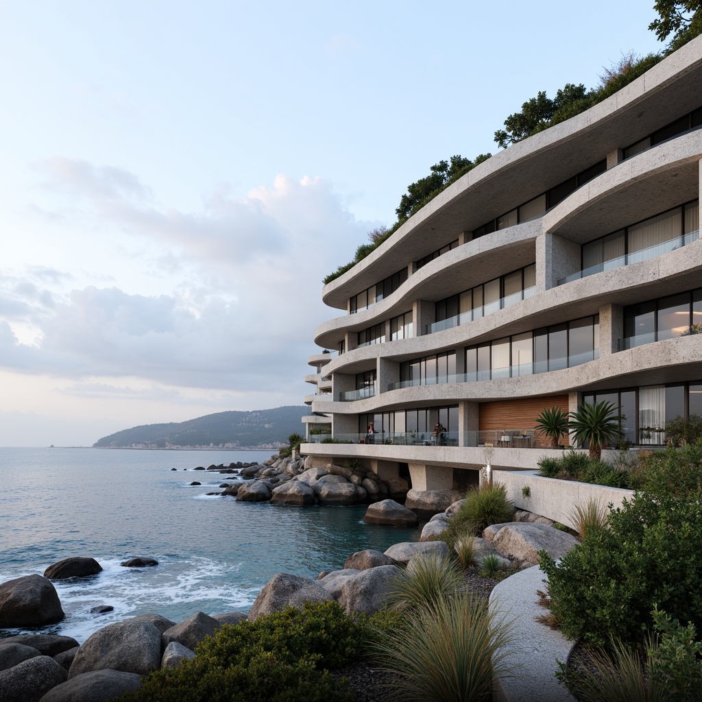 Prompt: Organic coastal office building, wavy lines, undulating curves, shell-inspired fa\u00e7ade, ocean-blue glass, driftwood accents, sea-salt weathered stone, beachy textures, natural ventilation systems, cantilevered floors, panoramic ocean views, soft diffused lighting, 1/1 composition, atmospheric perspective, misty morning atmosphere, seagull sounds, subtle color palette, eco-friendly materials, sustainable energy harvesting systems, green roofs, living walls, adaptive reuse of existing structures.