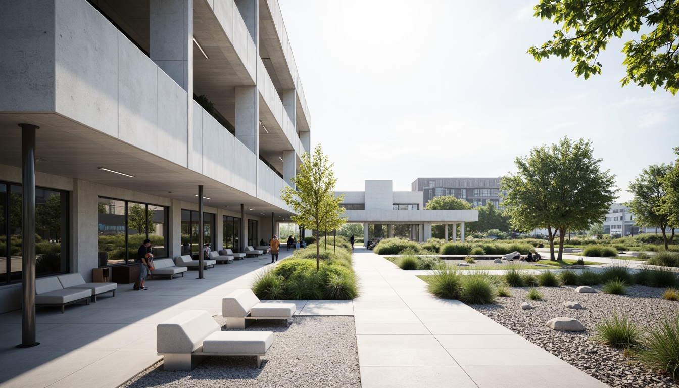 Prompt: Sleek science center, minimalist architecture, clean lines, simple forms, monochromatic color scheme, abundant natural light, open spaces, sparse vegetation, gravel pathways, modern benches, subtle water features, geometric planters, industrial materials, exposed ductwork, polished concrete floors, floor-to-ceiling windows, minimal ornamentation, functional design, sustainable systems, green roofs, solar panels, rainwater harvesting, serene atmosphere, soft diffused lighting, shallow depth of field, 3/4 composition, panoramic view, realistic textures, ambient occlusion.