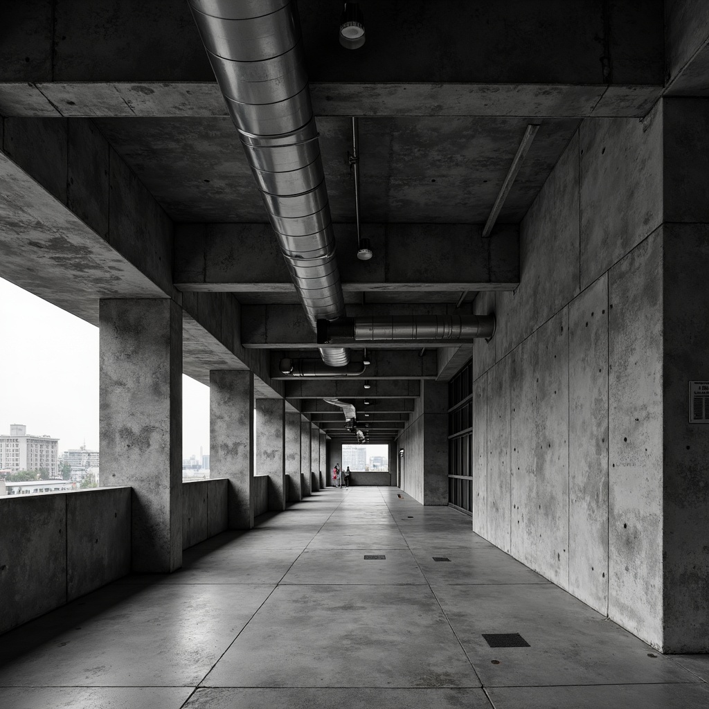 Prompt: Industrial concrete walls, exposed ductwork, metallic beams, urban cityscape, modern brutalist architecture, rough unfinished surfaces, monochromatic color palette, dramatic shadows, high contrast lighting, 1/2 composition, close-up shot, realistic textures, ambient occlusion.