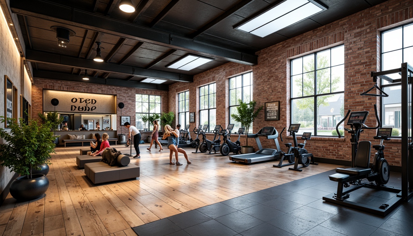 Prompt: Industrial chic fitness club, exposed brick walls, metal beams, reclaimed wood floors, modern gym equipment, free weights, treadmills, exercise bikes, natural stone accents, large windows, skylights, abundant daylight, warm soft lighting, high ceilings, open spaces, minimalist decor, urban loft atmosphere, vibrant color schemes, motivational quotes, fitness trackers, mirrored walls, rubber flooring, sound systems, energetic ambiance, dynamic camera angles, shallow depth of field, 1/2 composition, realistic textures, ambient occlusion.