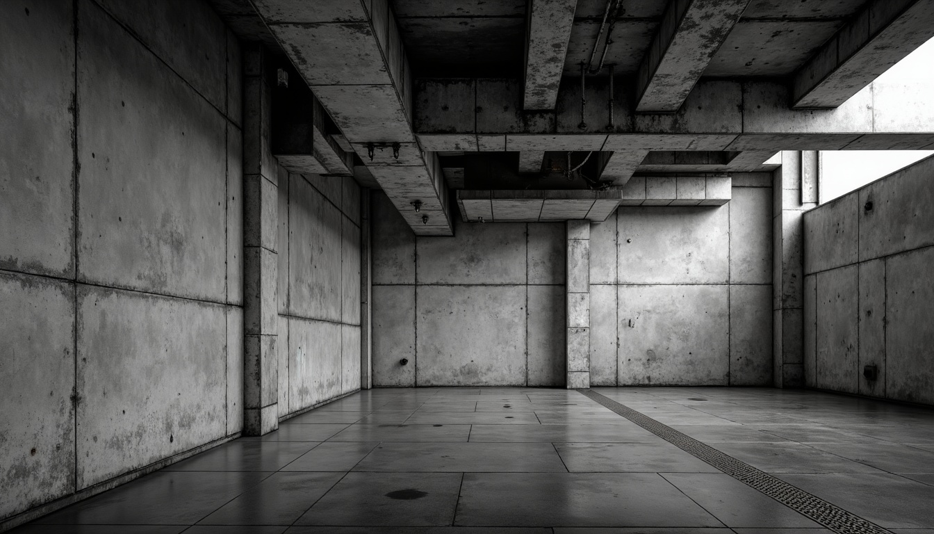 Prompt: Industrial concrete walls, exposed ductwork, metallic beams, urban cityscape, modern brutalist architecture, rough unfinished surfaces, monochromatic color palette, dramatic shadows, high contrast lighting, 1/2 composition, close-up shot, realistic textures, ambient occlusion.