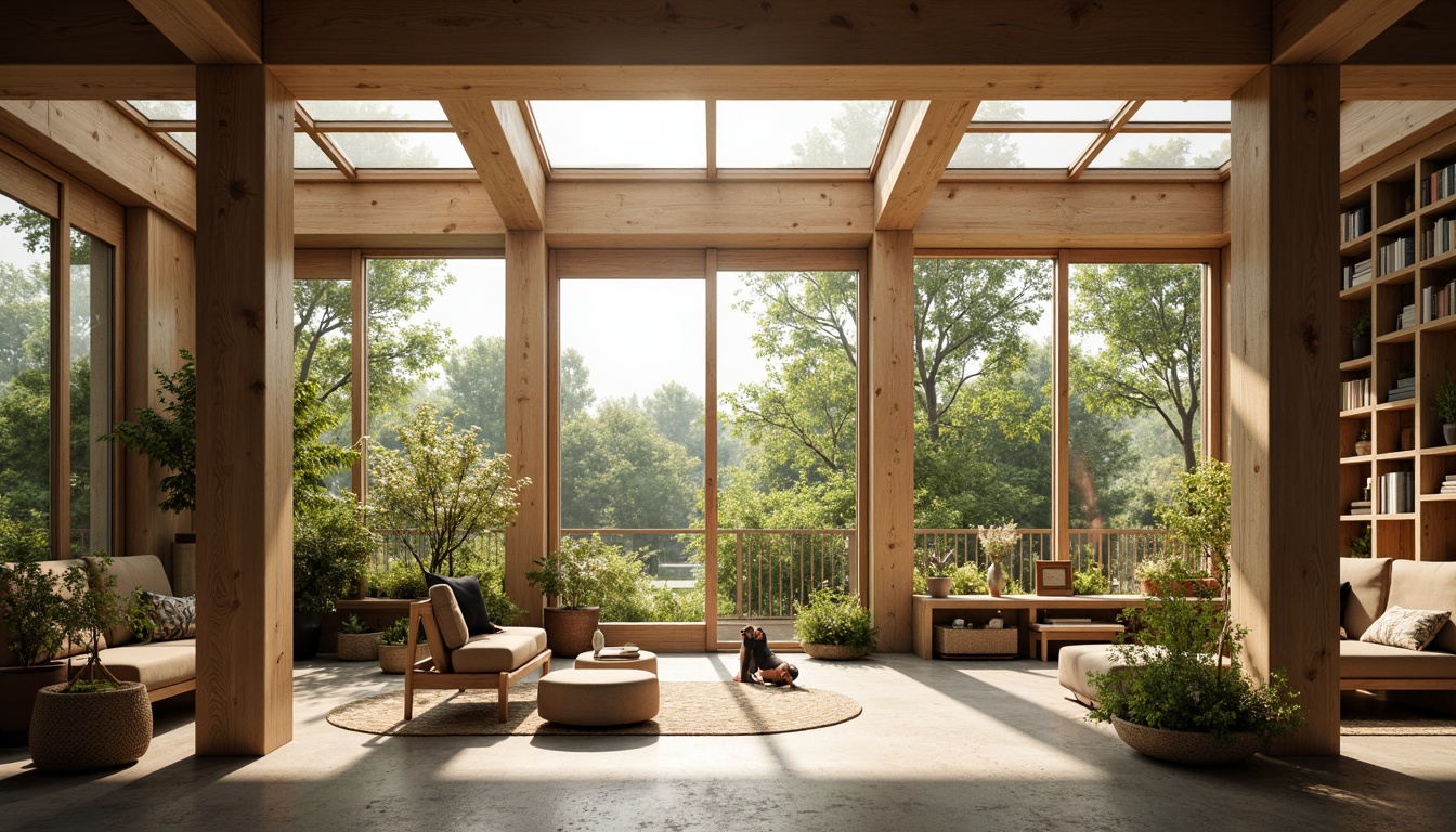 Prompt: Soft warm glow, large windows, minimal shading devices, clerestory windows, skylights, transparent roofs, bright airy atmosphere, natural ventilation, greenery views, blooming flowers, sunny day, gentle breeze, relaxed mood, calming ambiance, serene space, organic textures, earthy color palette, wooden accents, stone walls, minimalist decor, cozy nooks, reading areas, peaceful retreats, soft diffused light, warm color temperatures, 1/1 composition, shallow depth of field.