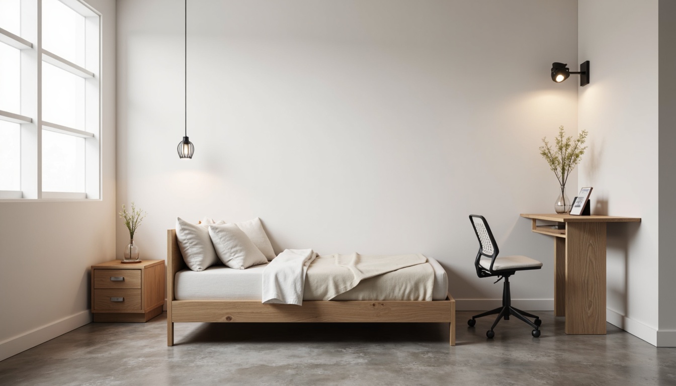 Prompt: Simple dorm room, minimal decor, monochromatic color scheme, sleek wooden furniture, low-profile bed frame, compact desk, ergonomic chair, geometric-shaped nightstand, industrial-style lighting fixtures, concrete floor, plain white walls, subtle textures, soft warm glow, shallow depth of field, 1/1 composition, realistic rendering, ambient occlusion.