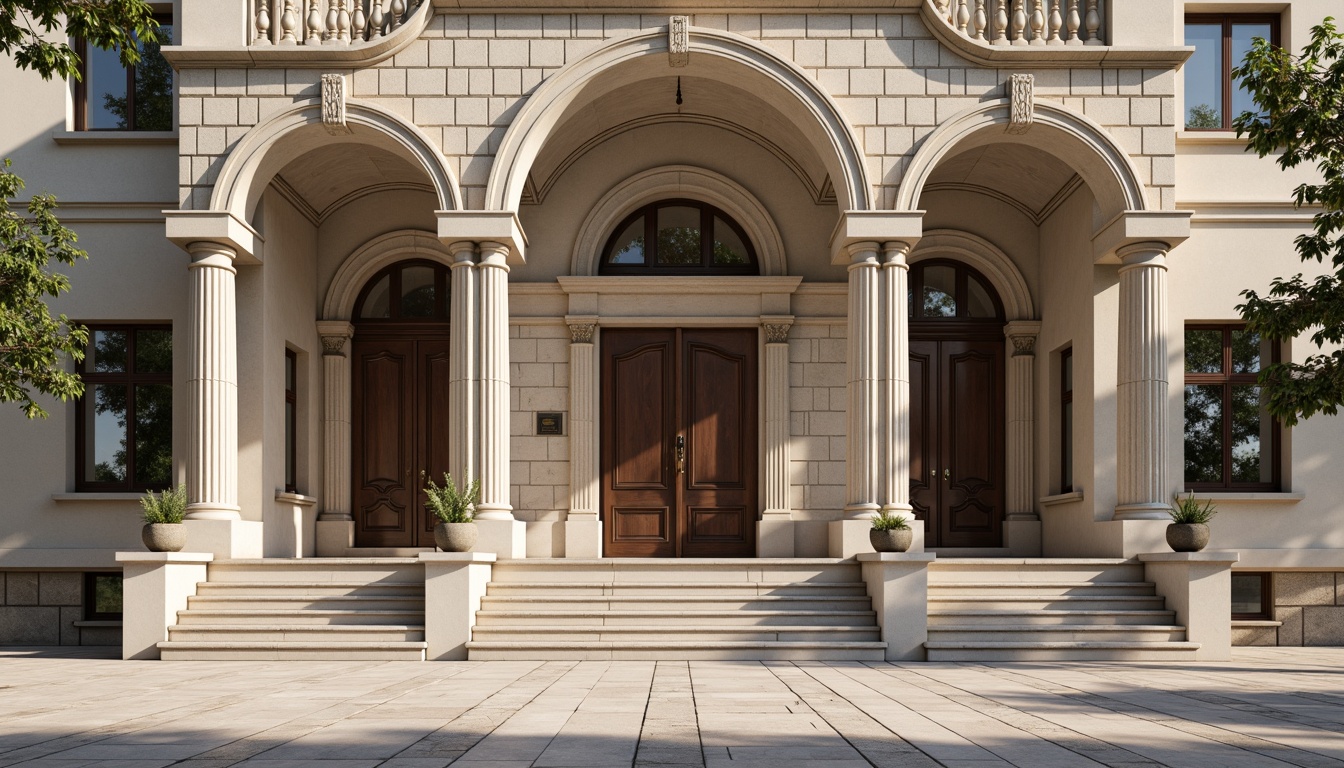 Prompt: Grandiose classical facade, ornate columns, intricately carved details, symmetrical composition, majestic entrance, sweeping arches, rusticated stone walls, ornamental balustrades, decorative pediments, grand staircases, elegant proportions, subtle color palette, soft natural lighting, shallow depth of field, 2/3 composition, realistic textures, ambient occlusion.