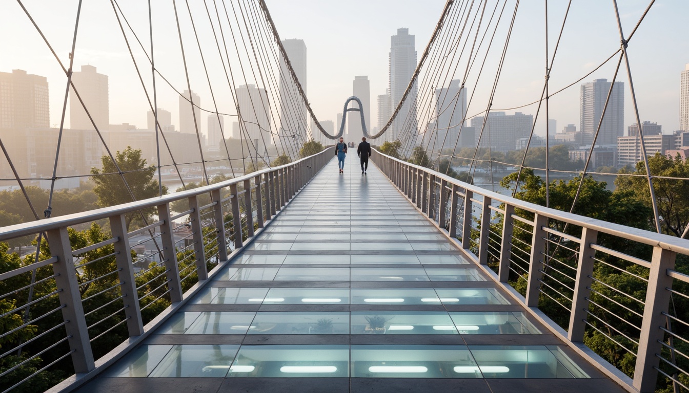 Prompt: Futuristic pedestrian bridge, sleek metal railings, translucent glass floors, LED lighting systems, dynamic structural lines, parametric design, sustainable materials, recycled steel components, eco-friendly concrete mixes, green roofs, living walls, urban landscape integration, cityscape views, misty morning atmosphere, soft warm lighting, shallow depth of field, 3/4 composition, panoramic view, realistic textures, ambient occlusion.