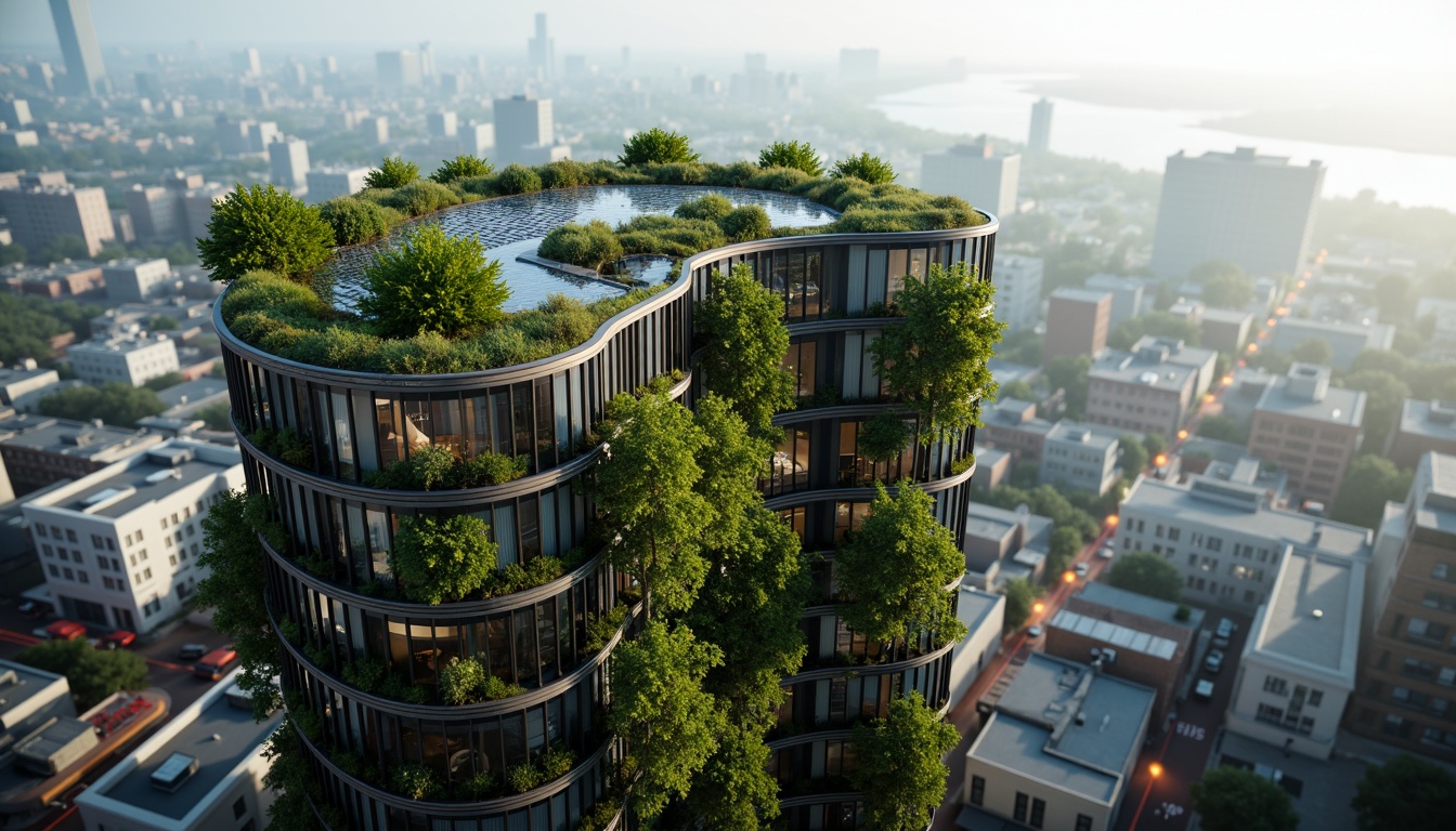 Prompt: Curved skyscraper, organic forms, lush green walls, living roofs, solar panels, wind turbines, rainwater harvesting systems, recycled materials, natural ventilation, large windows, minimal shading devices, soft warm lighting, shallow depth of field, 3/4 composition, panoramic view, realistic textures, ambient occlusion, urban jungle, bustling cityscape, morning fog, misty atmosphere, vibrant city lights, eclectic neighborhood, artistic street art.