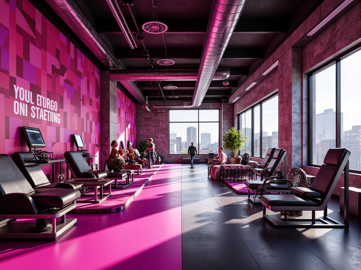 Prompt: Vibrant fuchsia accents, modern fitness equipment, sleek metal frames, rubber flooring, mirrored walls, energetic atmosphere, dynamic lighting, bold color blocking, abstract geometric patterns, motivational quotes, futuristic architecture, minimalist decor, high-ceiling spaces, natural stone features, industrial chic elements, urban cityscape views, early morning sunlight, soft focus blur, 1/1 composition, realistic textures, ambient occlusion.