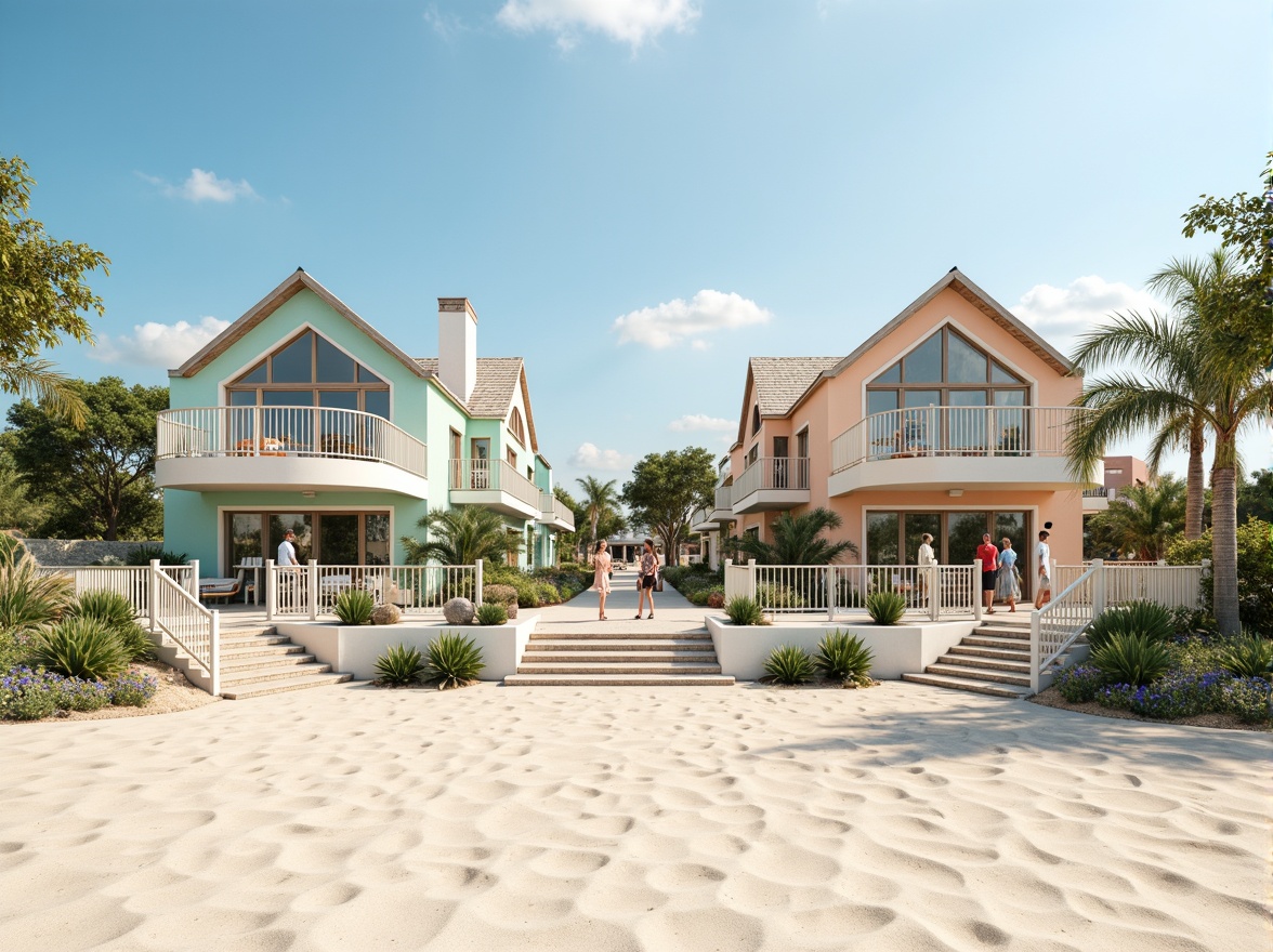 Prompt: Sandy beachside, oceanfront villas, pastel-colored facades, driftwood accents, sea-salt weathered roofs, nautical-themed decorations, calming turquoise hues, soft peach tones, creamy whites, warm beige textures, natural stone foundations, rustic wooden decks, sailboat-inspired railings, seaside promenades, gentle ocean breezes, warm sunny days, shallow depth of field, 1/1 composition, realistic renderings, ambient occlusion.