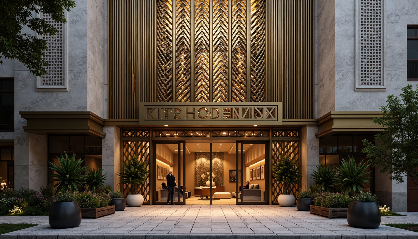 Prompt: Geometric Art Deco facade, ornate metalwork, zigzag patterns, chevron motifs, luxurious materials, polished marble, chrome accents, symmetrical composition, grand entrance, ornamental doors, stylized typography, vintage industrial elements, exposed ductwork, metallic latticework, sunburst designs, bold color schemes, warm golden lighting, shallow depth of field, 1/1 composition, realistic textures, ambient occlusion.