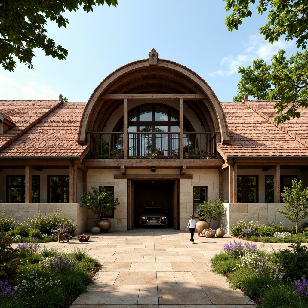 Prompt: Rustic barn, renaissance revival style, curved rooflines, terra cotta tiles, weathered wooden beams, ornate metalwork, vintage farm tools, lush greenery, blooming wildflowers, sunny afternoon, warm soft lighting, shallow depth of field, 1/1 composition, realistic textures, ambient occlusion, natural stone walls, earthy color palette, distressed wood accents, decorative trusses, grand entranceways, symmetrical facade, classic European influences.