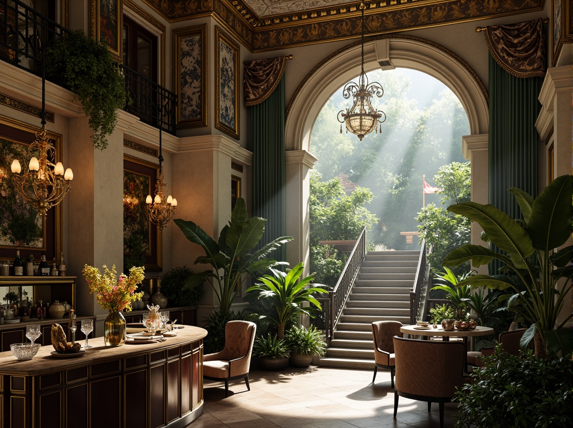 Prompt: Intricate ironwork, lush greenery, ornate chandeliers, grandiose archways, lavish furnishings, velvet drapes, gilded accents, marble countertops, crystal glassware, exotic flowers, tropical plants, misty atmosphere, soft warm lighting, shallow depth of field, 1/1 composition, realistic textures, ambient occlusion, luxurious ambiance, opulent decor, Baroque-inspired patterns, intricate carvings, ornate mirrors, grand staircase.