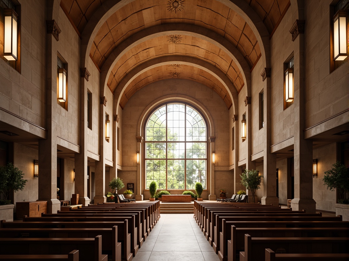 Prompt: Elegant worship hall, high ceilings, grand chandeliers, soft warm lighting, subtle color temperature, ambient illumination, LED strip lights, minimalist fixtures, sacred symbols, intricate stone carvings, stained glass windows, natural light pouring in, dramatic shadows, 1/1 composition, symmetrical framing, realistic textures, atmospheric rendering.