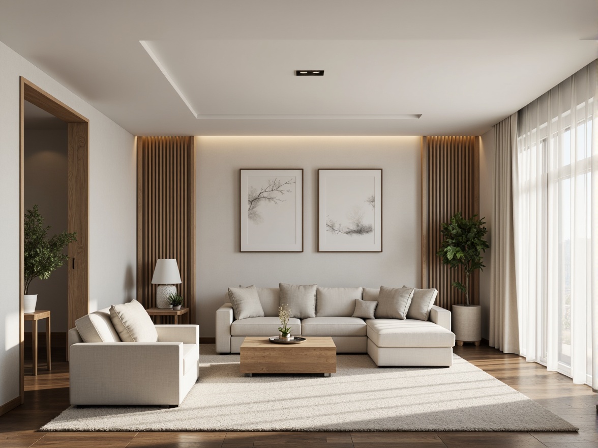 Prompt: Monochromatic modern interior, sleek lines, minimalist decor, neutral color scheme, creamy whites, soft grays, taupe accents, rich wood tones, metallic finishes, subtle texture contrasts, ambient lighting, shallow depth of field, 1/1 composition, realistic renderings, atmospheric perspective.