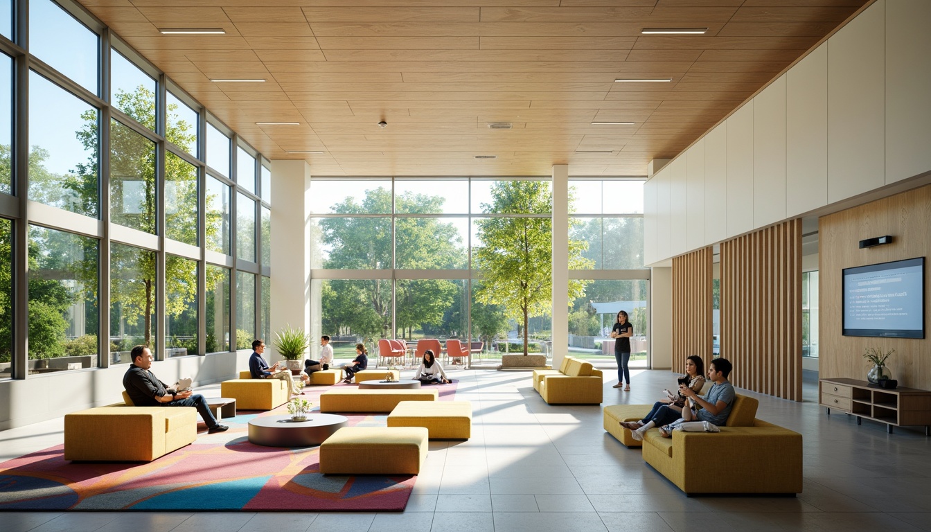 Prompt: Vibrant educational setting, abundant natural light, floor-to-ceiling windows, minimal shading devices, reflective surfaces, bright color schemes, modern furniture design, collaborative learning spaces, interactive whiteboards, comfortable seating areas, lush greenery views, outdoor connections, warm atmosphere, soft diffused lighting, 1/1 composition, realistic textures, ambient occlusion.