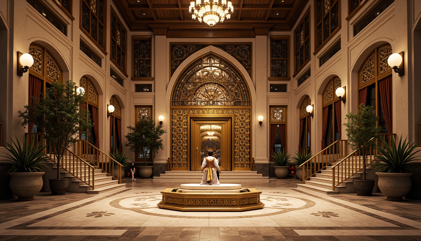 Prompt: Grandiose memorial center, ornate bronze doors, intricate geometric patterns, lavish chandeliers, opulent marble floors, ornamental metalwork, stylized floral motifs, luxurious velvet drapes, majestic stone columns, symmetrical architecture, grand staircases, dramatic lighting effects, warm golden tones, shallow depth of field, 1/2 composition, realistic textures, ambient occlusion.