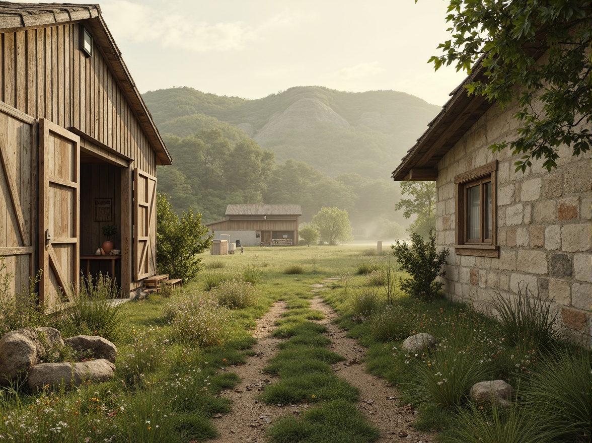 Prompt: Rustic rural landscape, earthy tones, warm beige, soft sage, mossy green, weathered wood textures, vintage metal accents, distressed stone walls, wildflower fields, rolling hills, serene countryside, misty morning light, soft focus, shallow depth of field, 1/2 composition, naturalistic colors, organic shapes, whimsical patterns.