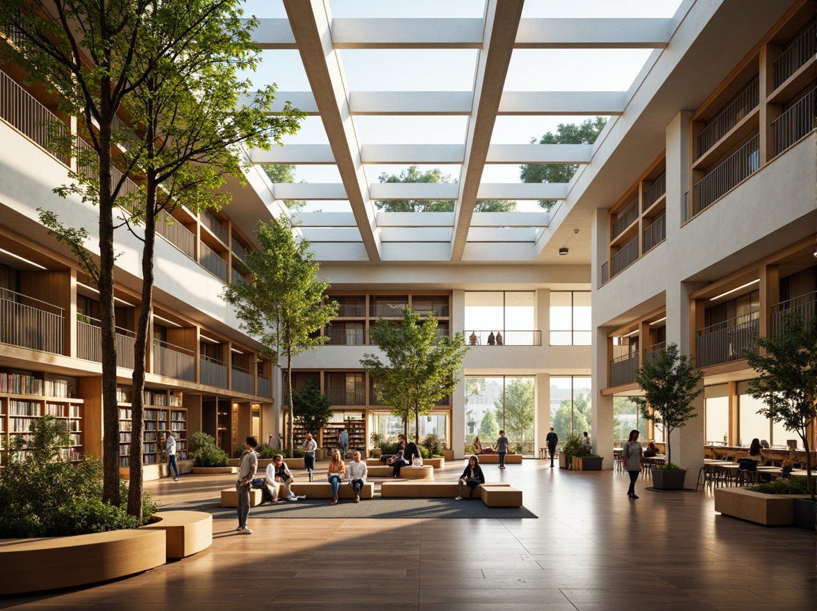 Prompt: Spacious library interior, abundant natural light, floor-to-ceiling windows, minimalist shelving, wooden floors, comfortable reading nooks, cozy study areas, soft warm lighting, indirect sunlight, clerestory windows, skylights, open atriums, green roofs, lush vegetation, serene atmosphere, modern architecture, sustainable design, eco-friendly materials, energy-efficient systems, calm color palette, subtle textures, shallow depth of field, 1/1 composition, realistic rendering.